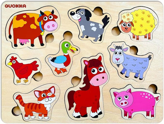 QUOKKA Farm Animals Wooden Puzzles for Toddlers 3-5 - Toddler Puzzles 1-3 Years Old - Gift Domestic Animals Educational Toys for Boys & Girls - Wood Games for Children's Learning 2-4