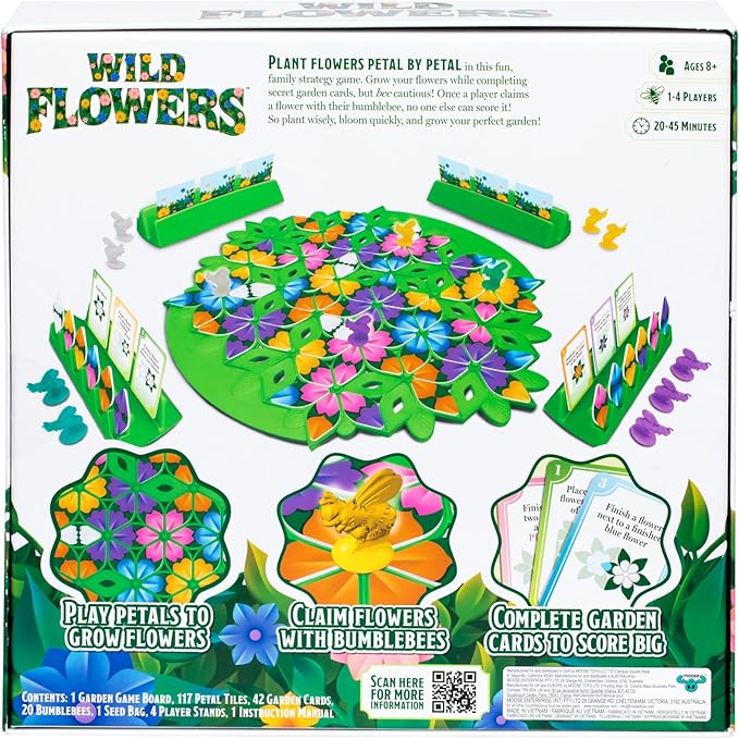 Wild Flowers Family Fun Strategy Game, Grow & Claim Flowers by Placing Tiles & Bumble Bees to Secure Your Blooms Before Others, Complete Garden Cards to Score Big! Solo Play & 1 to 4 Players Aged 8+