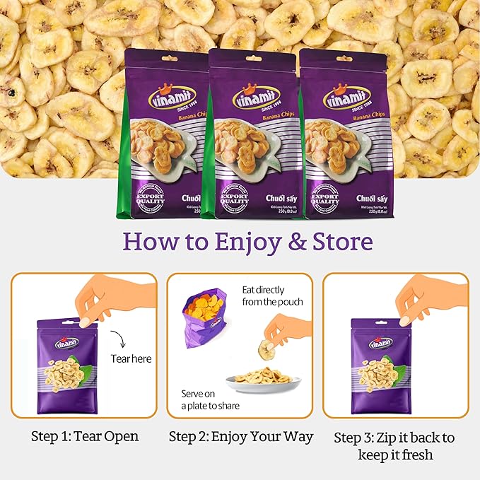 Vinamit Dried Banana Chips | Unsweetened Banana Chips | 8.8 oz Bag | Naturally Sweet, Non-GMO, Gluten-Free & No Added Sugar | Rich in Potassium | Ideal for Travel, Healthy Snacking