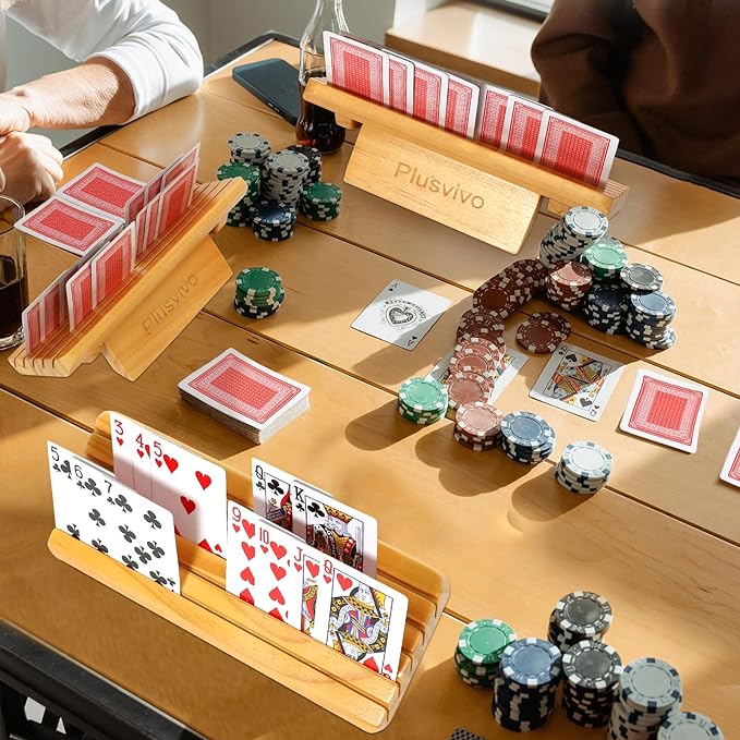Card Holders for Playing Cards with Adjustable Stand Set of 4, Playing Cards Holders Organizer for Adults Seniors Kids, 5 Slots Wooden Card Holder for Canasta Hand and Foot Bridge