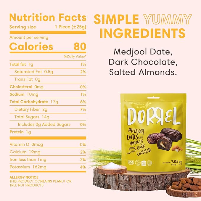 DORREL - Belgian Dark Chocolate Covered Dates (Medjool) with Salted Almonds Stuffing, High Energy Vegan Choco Snack, Delicious, Kosher & Non-GMO, Pack of 3 Stuffed Chocolate Dates, 7.05 oz / 200 g Ea