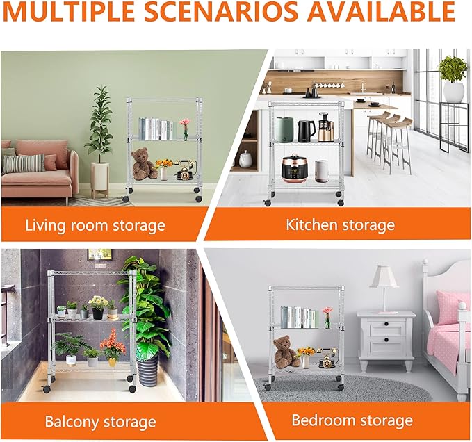 BestOffice 3-Tier Adjustable Wire Shelving Storage Shelves Heavy Duty Shelving Unit with Wheels for Small Places Kitchen Garage Balcony,Chrome