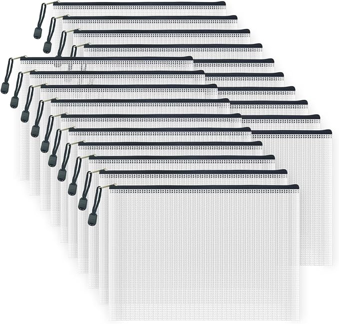 AUSTARK 20 Pcs Zipper File Bags, Plastic Mesh Pouch, Board Game Storage Bag, Waterproof Bags for Office School (B5 Size 11.4''x8.2'', White and Black)