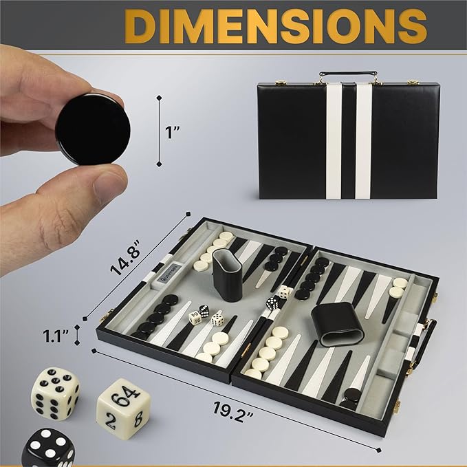 Backgammon Sets for Adults – 15-Inch Black PU Leather Board Game Set – Classic 2-Player Travel Backgammon Set with 32 Playing Pieces, Dice, and Cups
