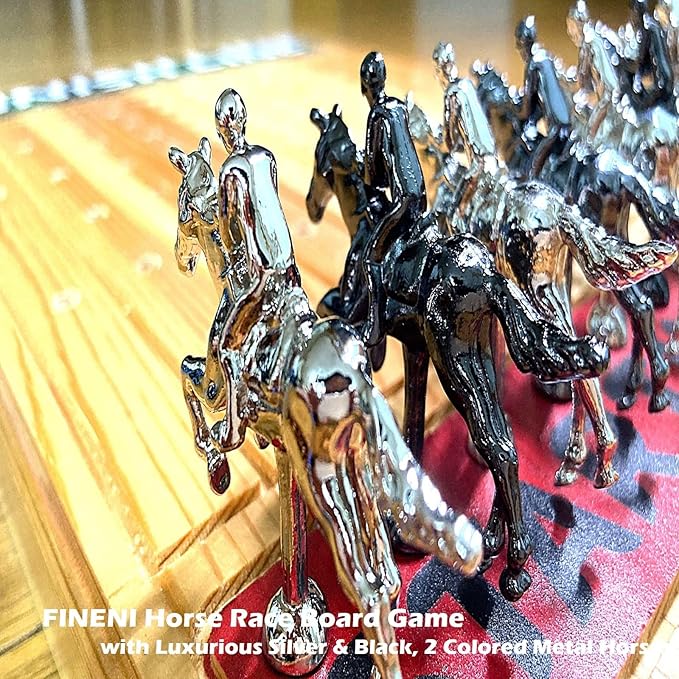 Horse Racing Game for Adults, Horse Race Board Game with 11 Luxurious Metal Horses (Silver, Black), 22” Pine Wood Horse Race Game Board, Dice & Card Included (Log Color2)