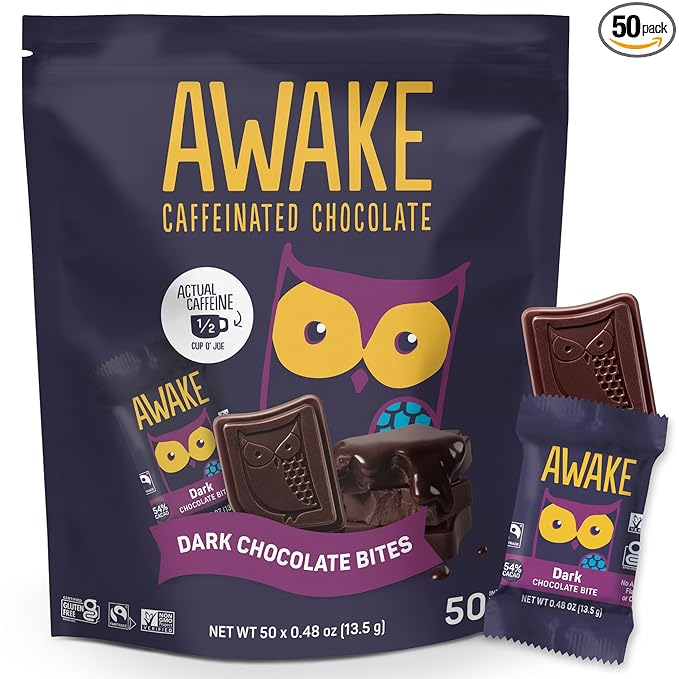 AWAKE - Caffeinated Chocolate Bites - Dark Chocolate, 50 Bites - 50mg Caffeine - Individually Wrapped Energy Bites - Coffee Alternative - Fairtrade, Gluten Free, Non GMO - 0.48oz
