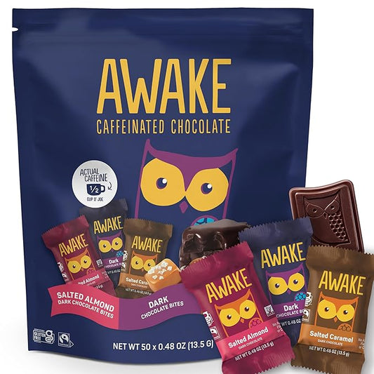 AWAKE - Caffeinated Chocolate Bites - USA Variety Pack (3 Flavors) 50 Bites - Peanut Butter, Milk Chocolate, & Caramel - 50mg Caffeine - Coffee Alternative - Fairtrade - Gluten-Free - Non GMO - 0.48oz