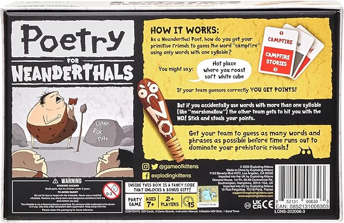 Exploding Kittens Presents Poetry for Neanderthals - Family Card Game for Adults, Teens & Kids - Competitive Word Guessing Family Games, Ages 7 and Up - Includes 200 cards and a 2-foot inflatable club