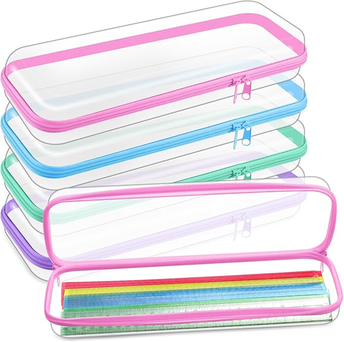 Hoolerry 4 Pcs Hard Clear Zipper Case Transparent Cases for Snacks Makeup Bag Plastic Storage Box Containers for Building Blocks, Puzzles, Cosmetics (Pastel,13.2 x 4.7 x 2.4 in)