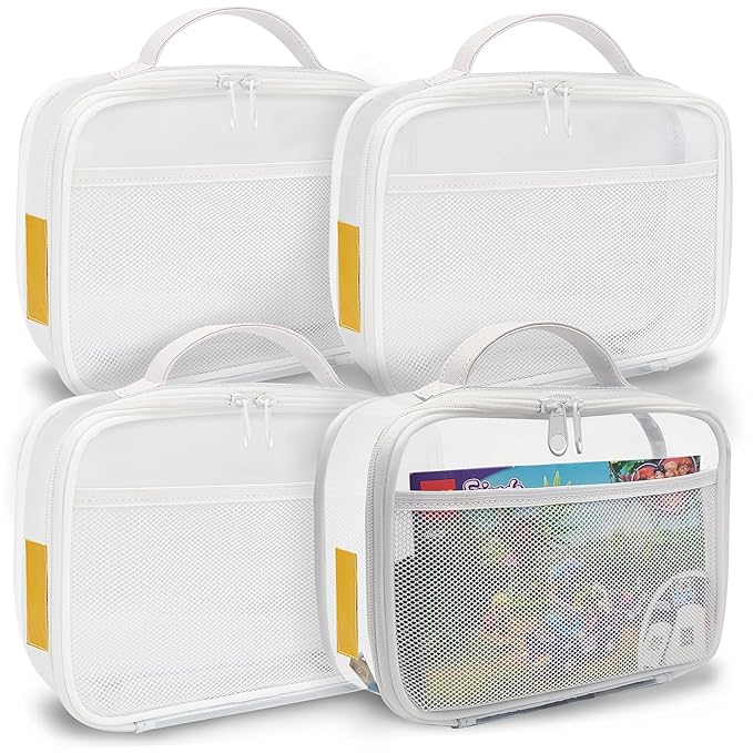 holay 4 Packs PVC Zippered Blocks Set, Toy, Clay, Board game Storage Organizer Case (Name Tag, Manual Pocket) (White, Small)