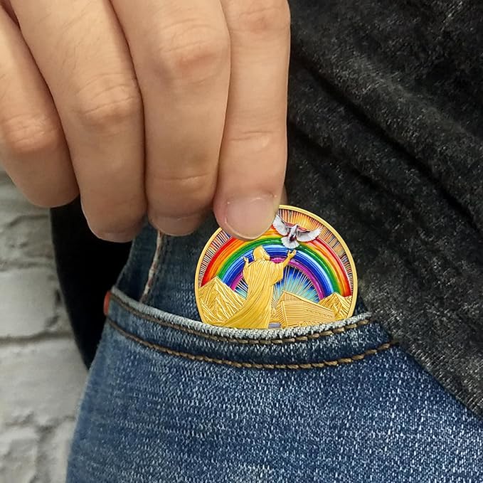Rainbow Ark Dove Religious Coin Inspirational Bible Verse Medallion Faith-Based Gifts for Spiritual Encouragement for Men & Women