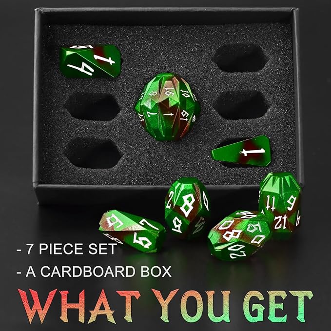 Metal DND Dice for Dungeons and Dragon, Metal Dice Set D and D with Cardboard Box Unique Cool RPG Polyhedral Dice for Role Playing Tabletop Games Gifts (Black Green)