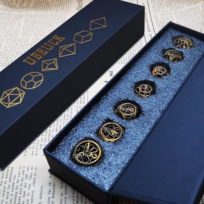 DND Dice,Hollow D&D Metal Dice,Unique Round Ball Design Octopus Dice with Gift Box for Dungeons & Dragon Gaming,7 PCs Steampunk Polyhedral D and D Dic(Ball Octopus Ancient Gold)