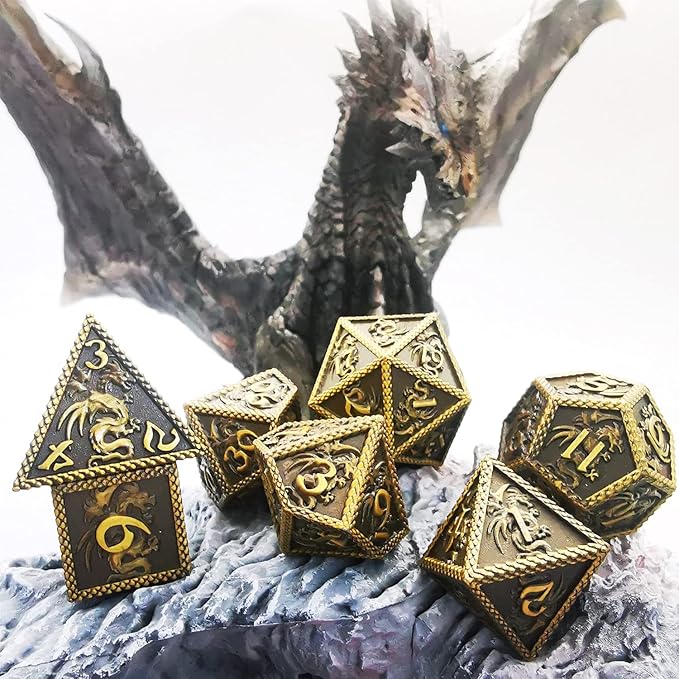HAOMEJA DND Metal Dice Dragon Set 7 Role Playing Dice D&D Solid Dice Dungeons and Dragons (Ancient Brass)