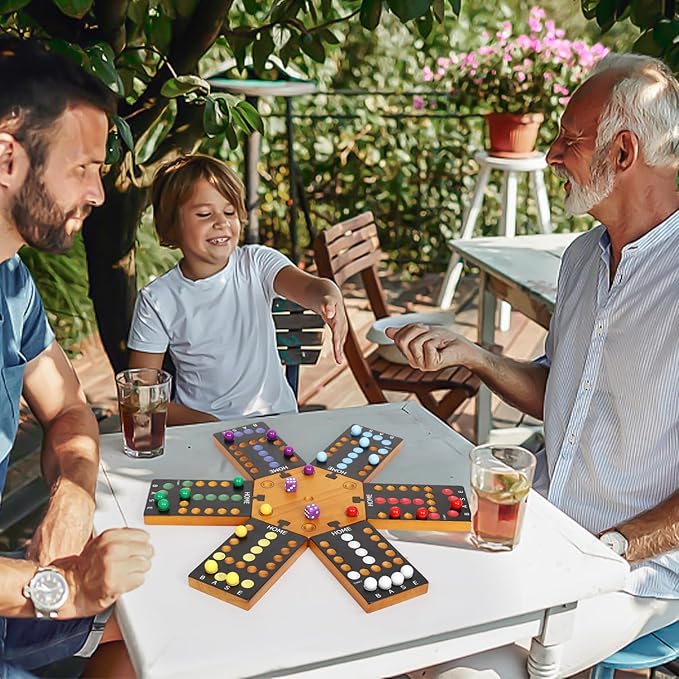 Marble Board Game, Wooden Board Game for 4 and 6 Players, Portable Original Marble Game with 24 Marbles 12 Dice for Family Friends Party Game Night Black