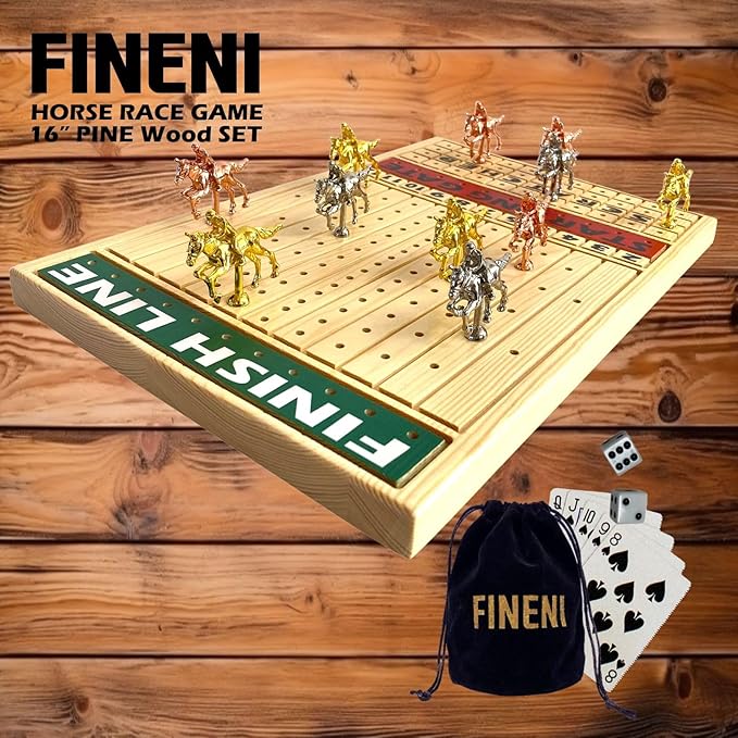 Racing Game for Adults With 11 Luxurious Metal Horses (Silver, Black, Rose Gold), 16" Pine Wood Race Game Board, Dice & Card Included (Log Color)