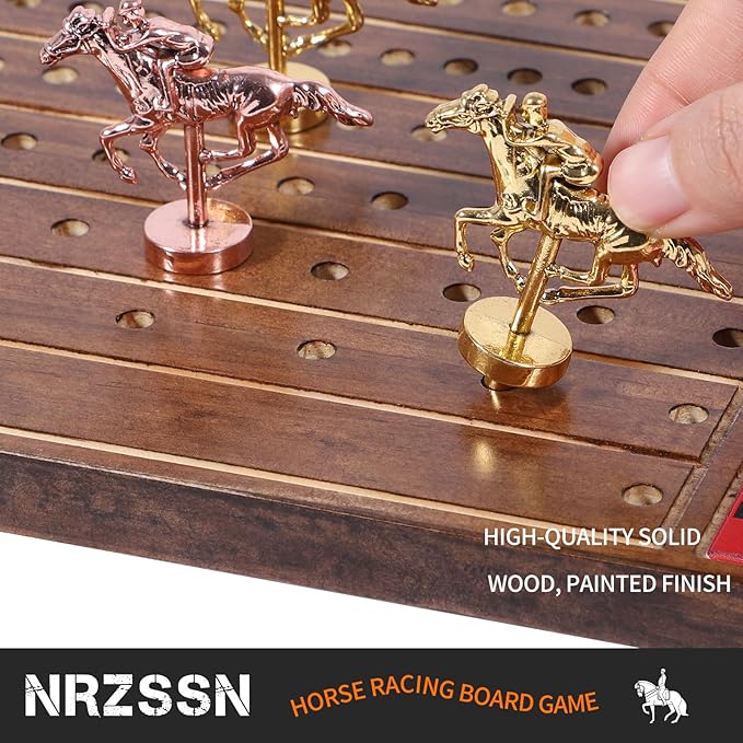 Horse Race Board Game with 11 Luxurious Durable Classic Metal Horses with 4 Dice and 2 Boxes of CardsThickened Solid Wood Horse Racing Dice Game (Rustic Brown)