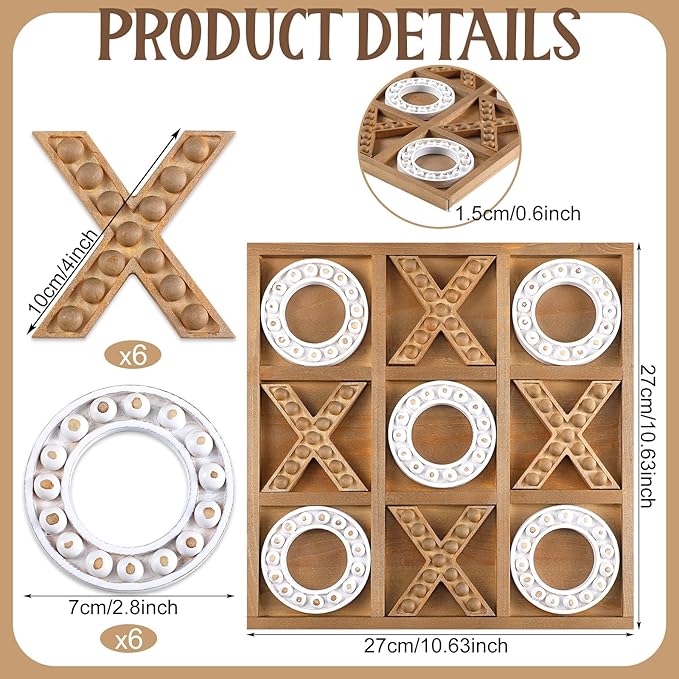 Tic Tac Toe Game 10.6 Inch Rustic Wood Board Game Coffee Table Games Tic Tac Toe Table Decor for Family Adults Travel Outdoor