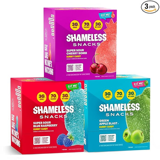 Shameless Snacks Sour Flavors Bundle Healthy Low Carb Keto Gummies Cherry Bomb, Blue Raspberry and Green Apple
