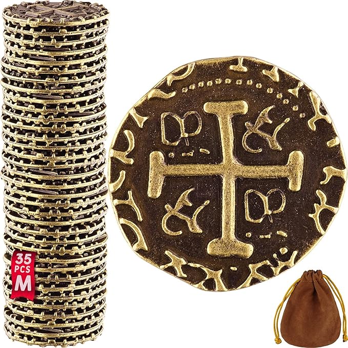 Metal Pirate Coins - 35 Medium Bronze Treasure Coin Set, Metal Replica Spanish Doubloons for Board Games, Tokens, Toys, Cosplay, Realistic Money Imitation, Pirate Treasure Chest, Diameter 7/8"