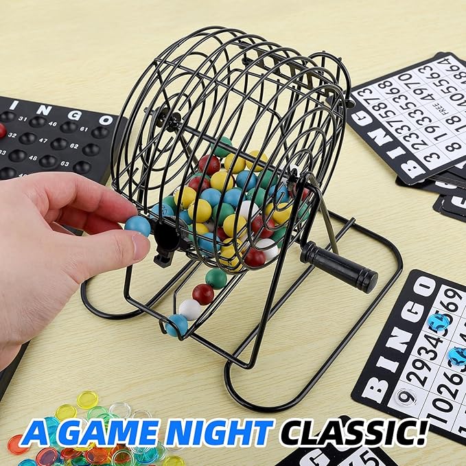 Deluxe Bingo Game Set Includes 18 Mixed Cards, 150 Vibrant Chips, 75 Calling Balls, 8โ Bingo Cage - Premium Bingo Set for Large Groups and Parties