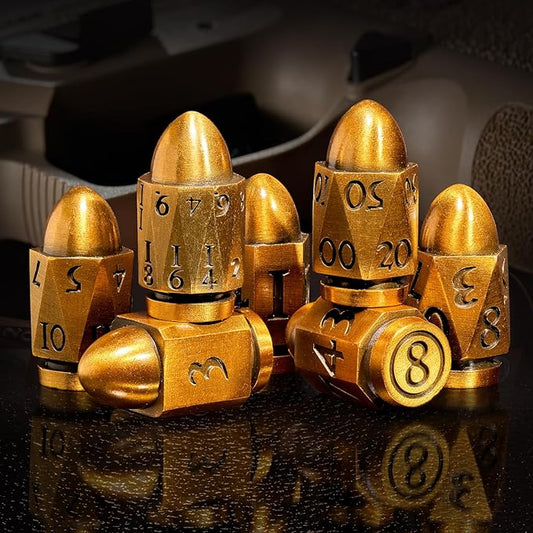 Metal Dice Set of 7, Polyhedral Role Playing Game, Cyberpunk Style, Gradient Antique Gold