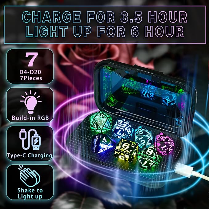 Light up LED Dice Set D and D Rechargeable for Dungeons and Dragons RGB DND Dice with Charging Box 7-Color Polyhedral Role Playing Dice for DND Gifts RPG Tabletop Games (Rose RGB)
