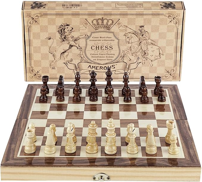 Amerous Chess Set, 12"x12" Folding Wooden Standard Travel International Chess Board Game Set with Magnetic Crafted Pieces For 2 Players