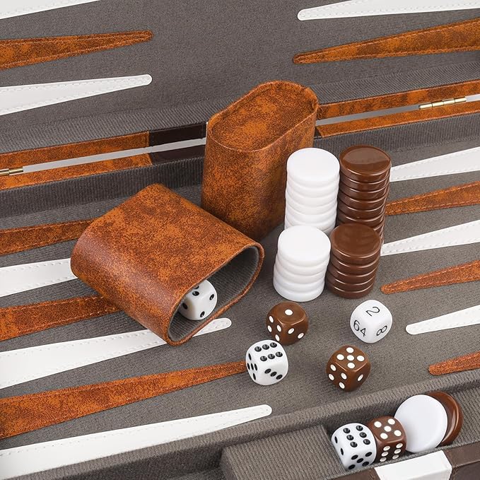Backgammon Set, 15 Inch Portable Board Game with PU Leather Case for Adults, Brown Backgammon Travel Set
