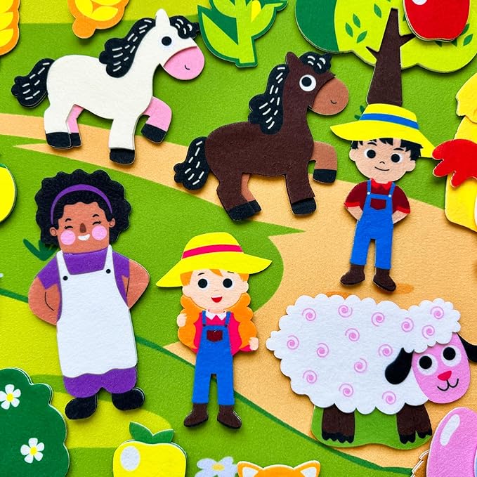 QUOKKA Farm Felt Board for Toddlers - 70 PCS Double-Thick Story Set with Large 41x30 Inch Durable Wall Activity Board - Ideal for Indoor Storytelling and Classroom Activities