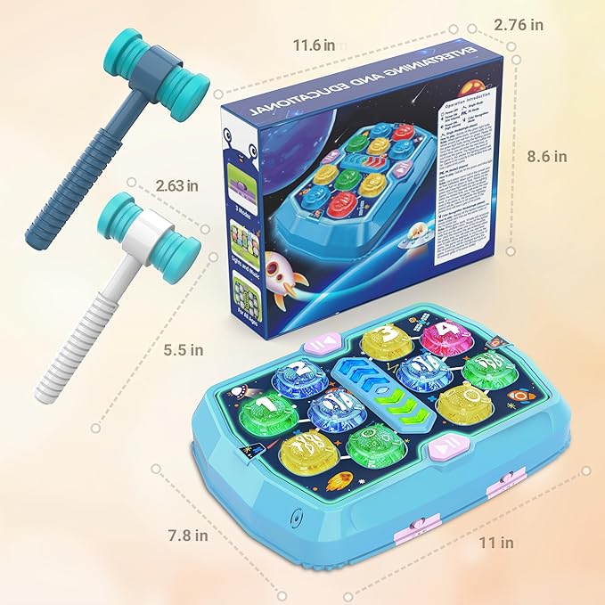 Hammer Mole Game Toy for Toddlers, Toys for 3 4 5 6+ Year Old Boys/Girls, Interactive Educational Pounding Toys with 2 Hammers, Sound & Light, PK Mode, Birthday Xmas Toy Gifts for Kids Age 3 4 5 6+
