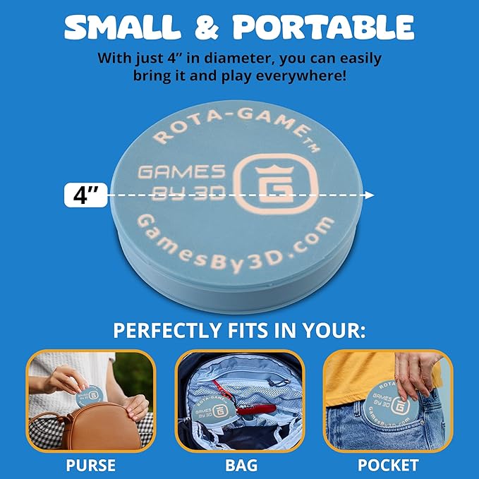 ROTA Game, Tic-Tac-Toe Game with Never a Tie, A Winner in Every Round, Ancient Roman Strategy Game, Portable 4" Board, Pockets or Purse-Size, with Horse Pieces, Made in USA (Blue)