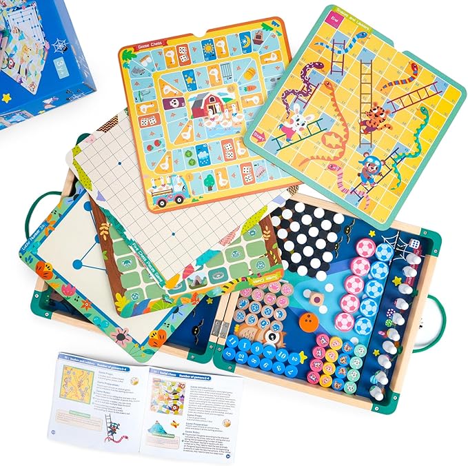 14-in-1 Wooden Fast Foldable Sling Puck Set for Kids and Adults, Multi-Game Combo with Snakes and Ladders, Bowling and More, Portable Travel Games Set, Interactive Families Toys