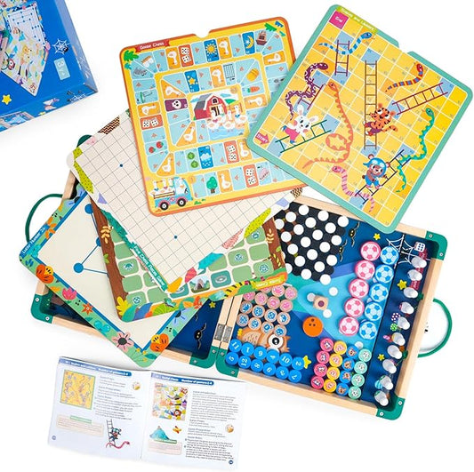 14-in-1 Wooden Fast Foldable Sling Puck Set for Kids and Adults, Multi-Game Combo with Snakes and Ladders, Bowling and More, Portable Travel Games Set, Interactive Families Toys