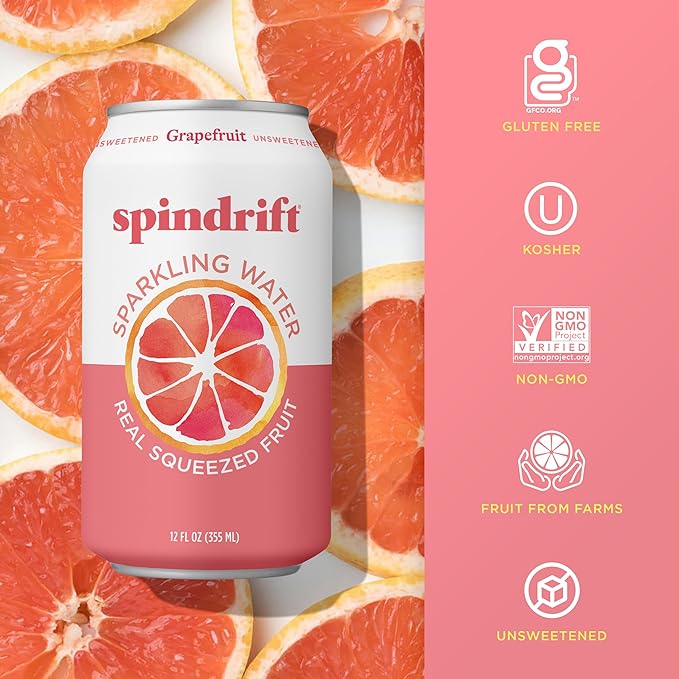 Spindrift Sparkling Water, Grapefruit Flavored, Made with Real Squeezed Fruit, (Only 15 Calories per Can), 12 Fl Oz (Pack of 24)