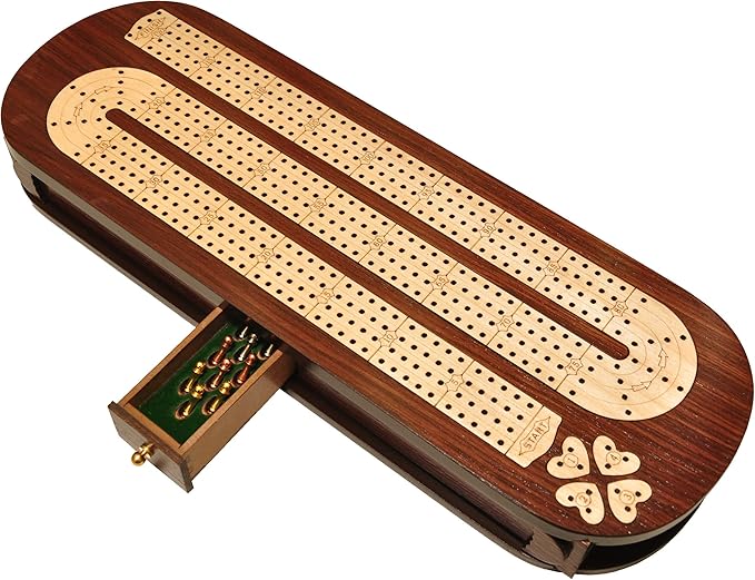 PALM ROYAL HANDICRAFTS 4 Track Wooden Cribbage Board Set Inlaid in Rose Wood and Maple Wood with pegs and Cards. Storage Available. 4 Player Cribbage Board (15 x 5 Inches)