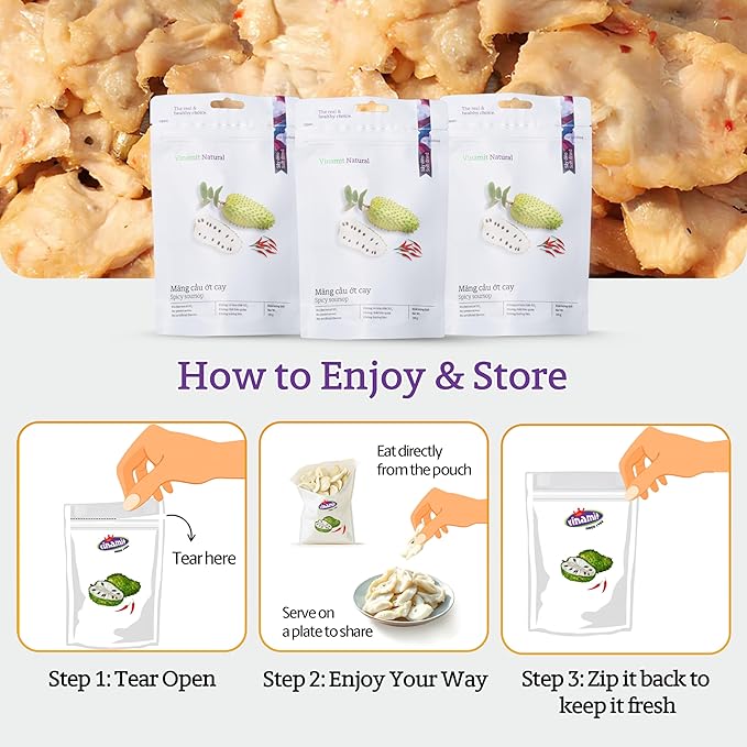 Vinamit Soft Dried Spicy Soursop | 3.5 oz Bag | Spicy Tropical Fruit Snack | Vegan, Gluten-Free, No-GMO | High in Fiber | Ideal for Travel & Healthy Snacking