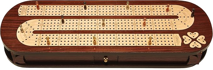PALM ROYAL HANDICRAFTS 4 Track Wooden Cribbage Board Set Inlaid in Rose Wood and Maple Wood with pegs and Cards. Storage Available. 4 Player Cribbage Board (15 x 5 Inches)