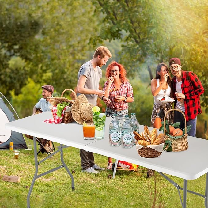Folding Table, 6 feet Plastic Folding Table for Indoor & Outdoor Activites for Picnic, Camping, BBQ and Party with Carrying Handle, Weight Capacity 330 lbs - White