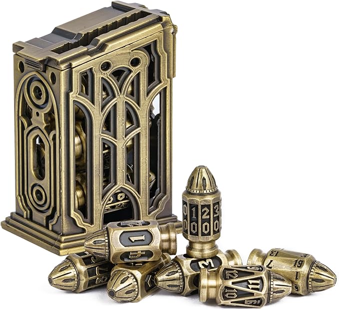 UDIXI Metal DND Bullet Dice Set, 7-Die Polyhedral Metal Dice Set with Unique Container for D&D, Role Playing Game or Other Tabletop Games(Ancient Bronze)