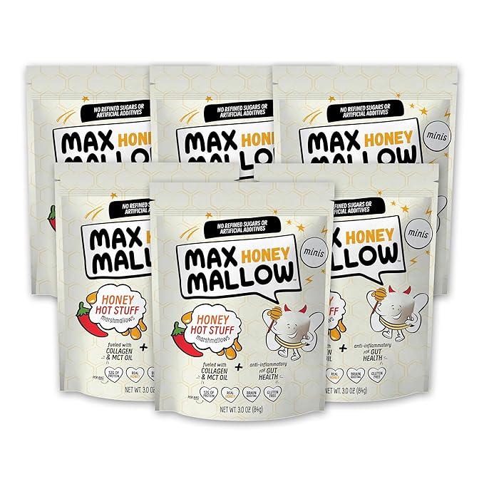 Max Mallow Hot Stuff Mini HONEY Marshmallows – Gut Friendly, Gluten Free, No Refined Sugars, Real Wildflower Honey, Collagen-Infused Snack (6 Pack, Honey Hot Stuff)