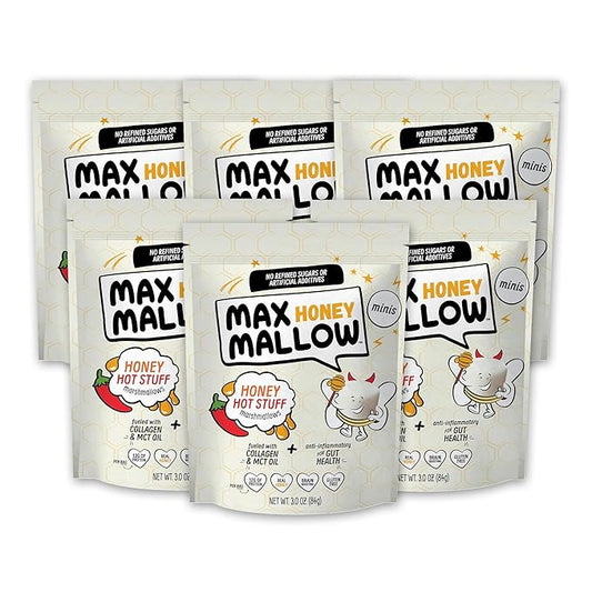 Max Mallow Hot Stuff Mini HONEY Marshmallows – Gut Friendly, Gluten Free, No Refined Sugars, Real Wildflower Honey, Collagen-Infused Snack (6 Pack, Honey Hot Stuff)