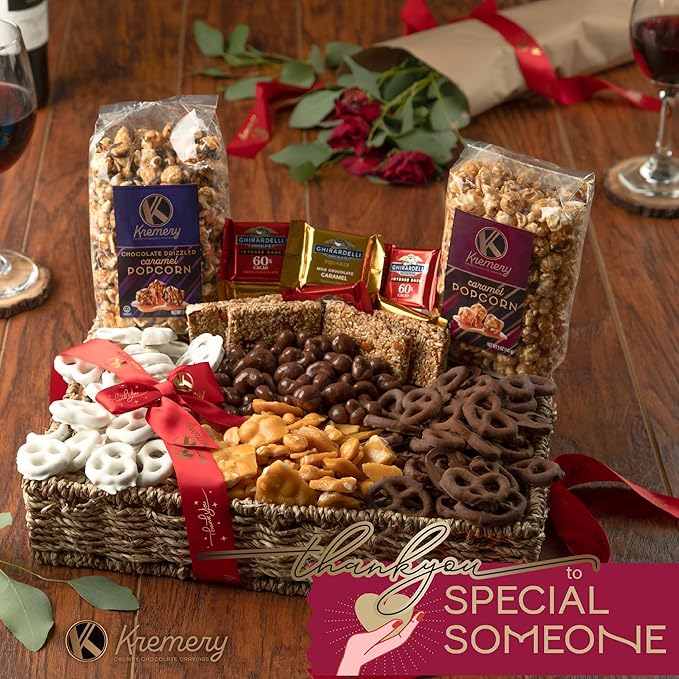 KREMERY Creamy Chocolate Cravings - Thank You Appreciation, Chocolate Covered Pretzels & Caramel Popcorn Gift Basket, in Seagrass Tray + Ribbon & Greeting Card (Deluxe, 3.5 lbs) Kosher Dairy, USA Made