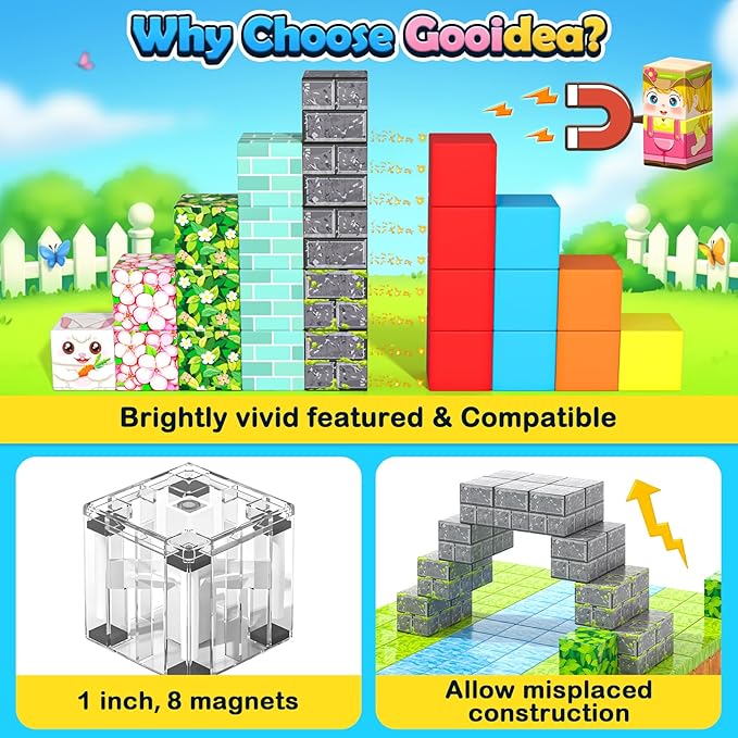 108PCS Magnetic Blocks Kids Magnet Toys, Large 1 inch Building Cubes with Puzzle Panel, Mine Magworld Easter Bunny Garden Building Crafts, Sensory Learning Toys Gift for 3+ Year Old Boys Girls