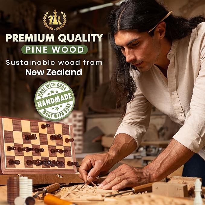 15'' 2 in 1 Wooden Magnetic chess and checkers set (2 Extra Queens, Foldable Chess set & Cotton Storage Bag) Magnetic Chess Sets for Adults with Color Gift Box, Handmade Checkers Board Game