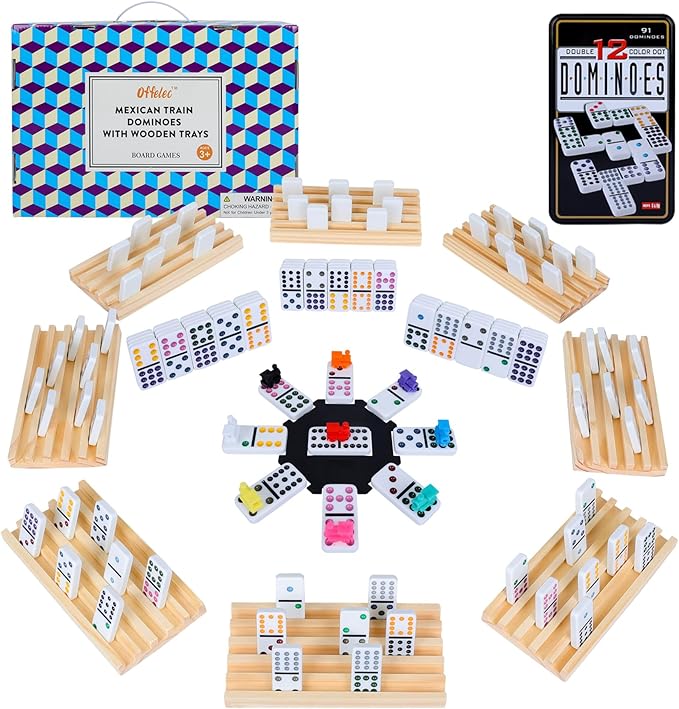 Mexican Train Double 12 Dominoes Set with 8 Trays, 9 Markers, 91 Tiles, 2 Scoreboards & Hub - Complete Family Board Game for Adults & Kids, Travel Friendly Dominoes Game Set for 2-8 Players