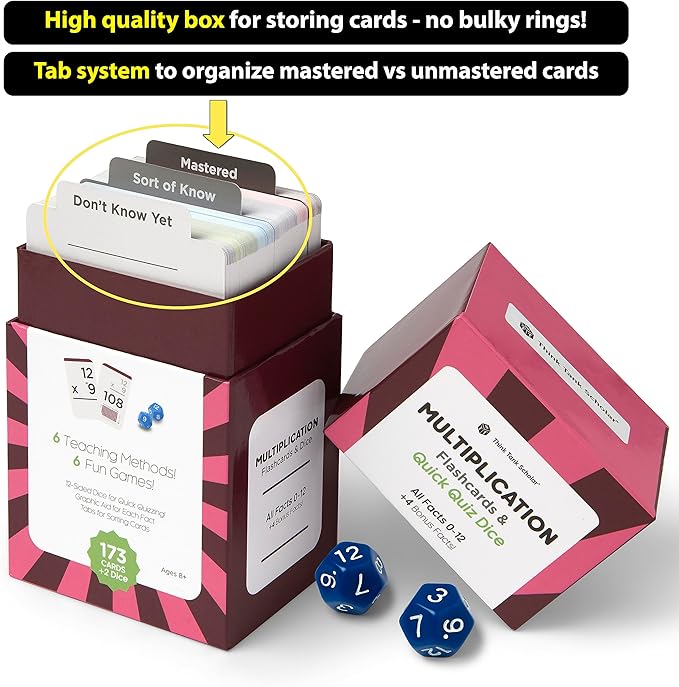 Think Tank Scholar 335 Multiplication & Division Flash Cards - 2 Math Dice (Award Winning) All Facts 0-12 Answer on Back, for Kids in 2ND, 3RD, 4TH, 5TH, 6TH Grade Class or Homeschool - Games & Charts