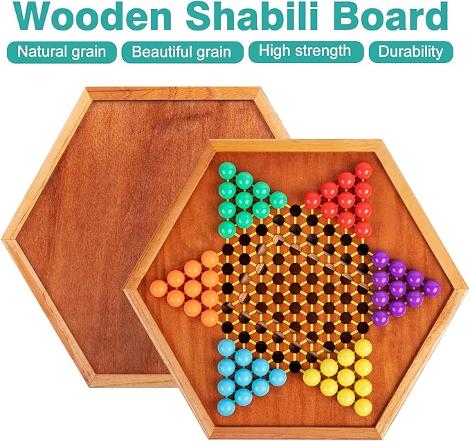 HOLYKING 12.6 Inchs Wooden Chinese Checkers with Drawer-Traditional Board Game with Set of 16mm 60+12 Colorful Acrylic Marbles, Classic Strategy Family Game for up to 6 Players