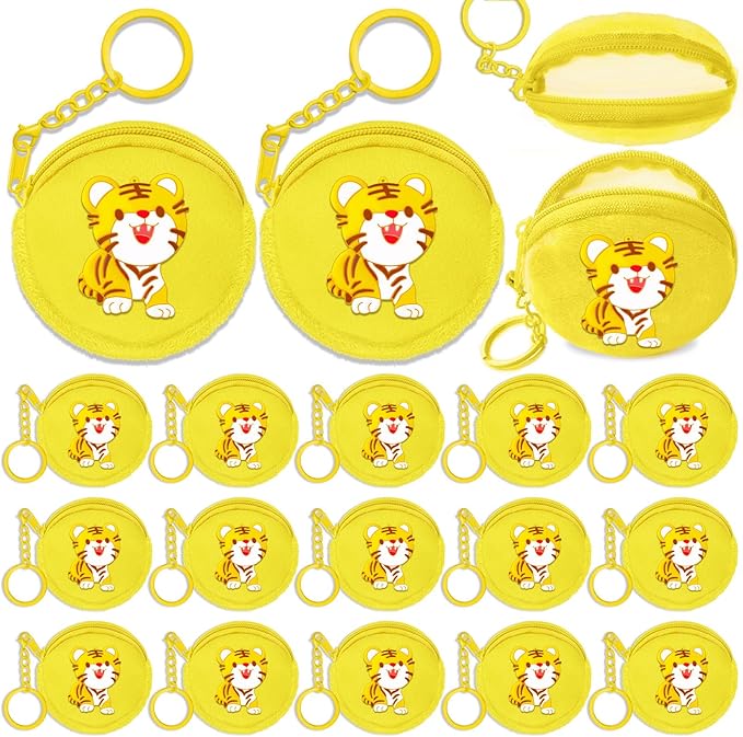 15 Pack Tiger Mini Coin Purses with Keyring for Tiger Jungle Safari Party,Goodie Bag Stuffer,Present for Friends,Creative Souvenirs,Birthday,Yellow