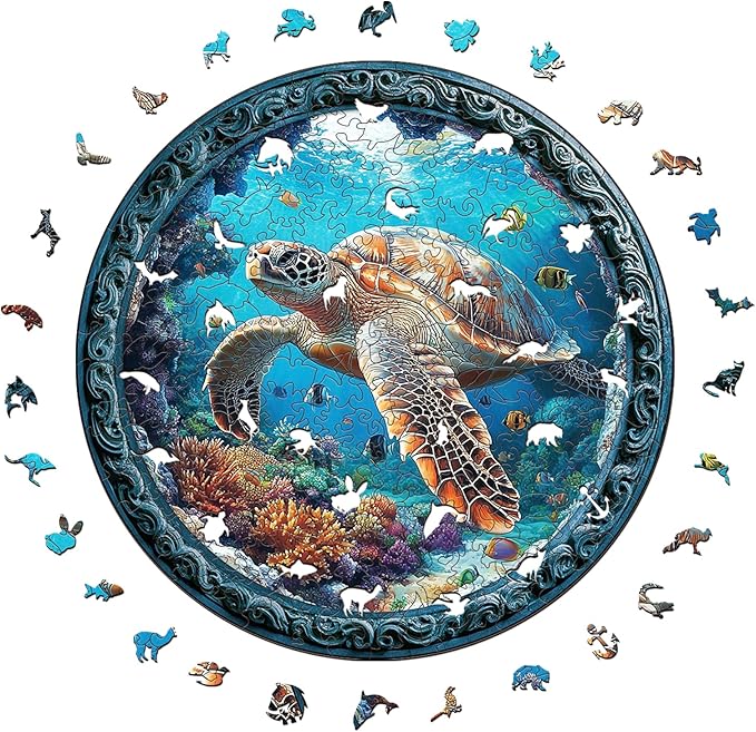 Wooden Puzzle for Adults โ Unique Sea Turtle-Shaped Jigsaw, Ocean Animal Design Brain Teaser for Kid & Teen 220 Pieces, 10"x10", Ships as Whole Puzzle Board, Gift-Ready Box, Fun Family Game,